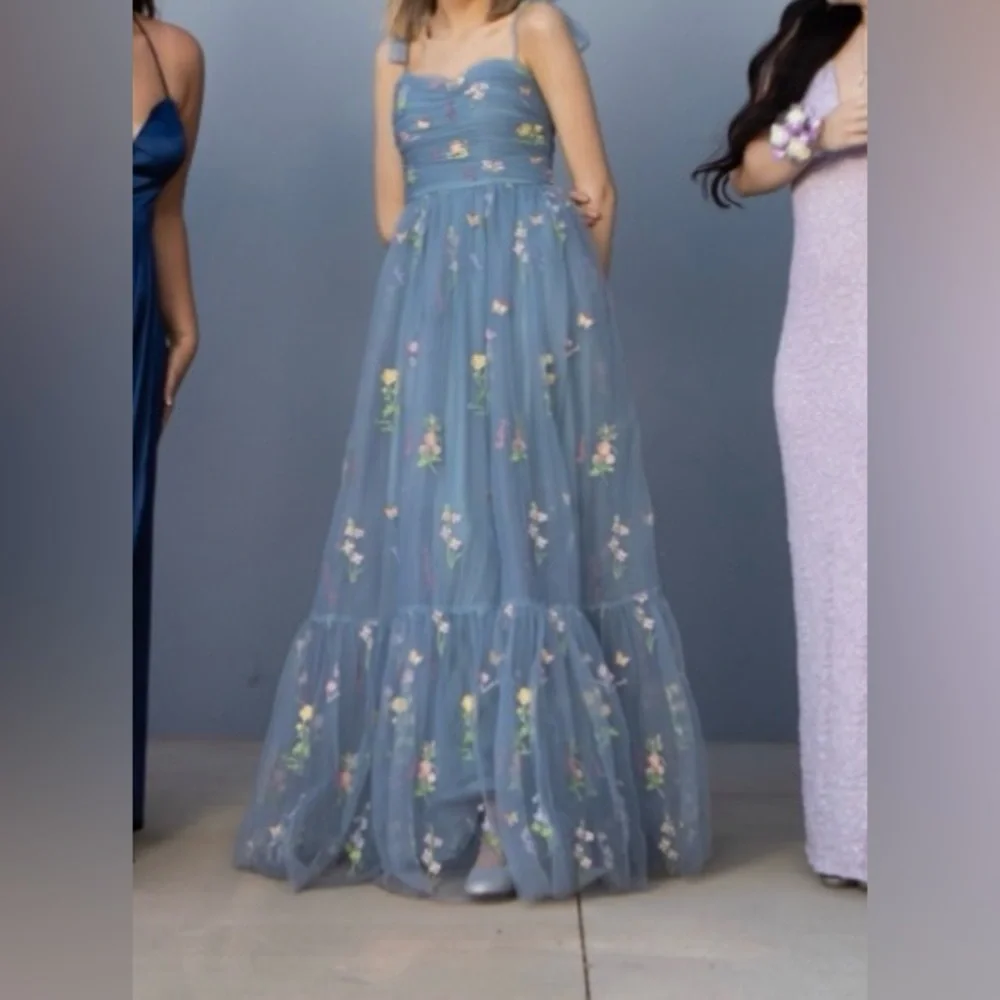 A Line Spaghetti Straps Champagne Prom Dress with Appliques - Picture 6 of 6